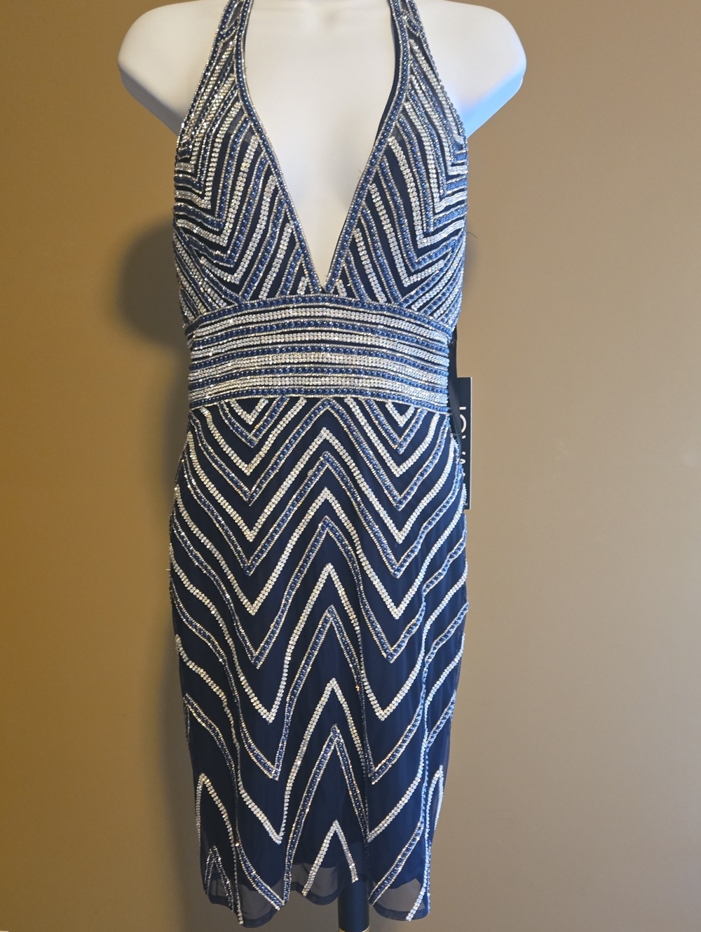 Classy & Elegant Jovani Navy/Silver Beaded Halter Midi Cocktail Dress NWT Sz 2